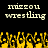 Pixelated text 'missou wrestling' appears twice above a of yellow pixelated hands raised in the air against black background