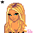 Pixel art contact sheet showing multiple frames of a female character with blonde hair, black top, white skirt, and sandals across 8 sampled animation frames.