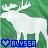 Pixelated static image of a white moose with large antlers standing in a green forest, with blue text reading 'ALYSSA' and a heart symbol below.
