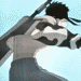 Animated sequence of a character with black hair and bandaged face, transitioning from side profile to close-up eyes against light blue background.