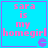 A blue square icon with pink text reading "sara is my homegirl" and a purple pixelated symbol in the bottom right corner.