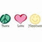 Three pixelated icons on stands: a green globe, pink heart with red top, and yellow smiley face.