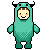 Pixel art character in teal monster costume with black horns, beige face, brown hair, and red cheeks; heart symbols appear near the figure across frames.