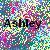 Pixelated static image with multicolored background and black text reading 'Ashley' in the center.