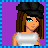 Pixel art character with brown hair and black beret, wearing white crop top and checkered tights, holding white bag against purple background.