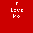 Red square with blue border containing white text "I Love Me!" and a small blue heart or star in the bottom-right corner.