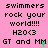 A static image with a pink background displays repeated text in black pixelated font, including "swimmers rock your world!!!!", "H2O<3", and "GT and MM".