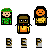 Three pixel-art characters with distinct outfits and expressions above three stylized letters on a gray background.