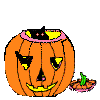 Animated pumpkin icon with black cat, ghost, and small pumpkin props in four sequential states.