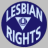 Circular blue icon with white text reading 'LESBIAN RIGHTS' and a downward-pointing triangle symbol in the center.