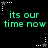 Green text 'its our time now' repeated three times on black background with white and gray star-shaped cursor icons in four corners.