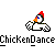 Pixelated chicken with red comb and blue eyes dances in a sequence of poses against gray background, repeating 'ChickenDance' text below.
