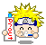 Pixelated character with spiky yellow hair and blue headband holds vertical sign reading 'PLOTT' in red text, show mouth expression change