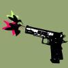 A black handgun with silver accents fires a colorful burst of pink, green, and purple pixels from its barrel against a solid olive-green background.