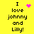 Yellow background with black text reading "I love johnny and Lilly!" featuring three distinct pink pixelated symbols above the first 'I' in each line.