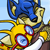 Pixelated character with blue head, yellow body, red-rimmed blue eyes, and brown accents against light blue background.