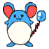Two side-by-side pixelated frames of a blue cartoon mouse-like character with red inner ears, white belly, and blue feet holding a blue crystal ball on a dark brown staff against a transparent background.