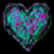 A heart-shaped icon composed of pixelated blocks in teal, purple, and dark green hues against a black background.