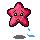 Pixelated pink star-shaped character with black eyes, blue tear drops, and a downturned mouth on gray background.
