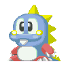 A blue cartoon dinosaur with yellow spikes and red arms displays multiple facial expressions across a of views