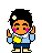 Pixelated character with black hair and white flower, light blue shirt, dark blue shorts, yellow chest emblem, pink cheeks, raised hands in three positions.
