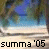 A beach scene with palm trees and blue sky, overlaid with text reading 'summa '05' in black and light blue on a beige background.