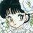 Anime-style character with dark hair and bangs, wearing a white floral headpiece, against a black background with pixelated text.
