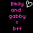 Pixelated text and a heart symbol on black background, with identical left and right sides showing 'Emily and gobby = bff' in pink font.