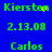 Green pixelated text on blue background with scattered yellow dots, showing name and date variations across two
