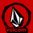 Red circular icon with black outline containing white and black rock symbol, below which red text reads 'volcom' on red background.