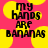 Pixelated text on a pink background with yellow circular shapes, reading 'my hands are bananas' in black letters.