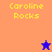 Pixelated text 'Caroline Rocks' appears in yellow on orange and purple backgrounds with a blue star and orange star icon.