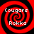 Four identical red and black spiral patterns arranged in a , each containing white text reading "Cougars" above "Rokka."