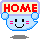 Four pixelated icons display a light blue character with black eyes, pink cheeks, and a smiling mouth holding yellow signs reading 'HOME' in red or pink text.