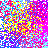 A static pixelated image composed of small square tiles in bright pink, yellow, blue, and white hues arranged in a chaotic pattern with no discernible subject or text.