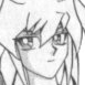 Black-and-white line art of a character with long hair and glasses, alongside an eye-in-pyramid symbol on a circular frame.