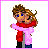 A 4x4 contact sheet of a pixel art animated icon showing a couple embracing with changing text and heart symbols across frames.