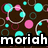 Pixelated icon with brown background, cyan and pink circular shapes connected by lines, white text 'moriah' at bottom.