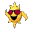 Animated sun-shaped icon with yellow body, red sunglasses, and black mouth; multiple poses show arms in different positions against gray background.