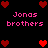 Pixelated icon with pink text 'Jonas brothers' and red heart symbols on black background.