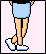 Pixelated cartoon figure in light blue dress with black belt, showing full-body pose to head close-up across five of