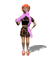 Animated character with orange hair and blue eyes holds a pink feather boa in various poses against white background.
