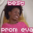 A person with dark curly hair and a pink top appears in two side-by-side frames with text overlays reading 'best' and 'prom eva' in pink pixelated letters.