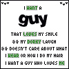 nine identical pixelated text with green and black text on white background, each displaying the phrase "I WANT A guy THAT LOVES MY SMILE && MY DORKY LAUGH && DOESN'T CARE ABOUT WHAT I WEAR OR HOW I DO MY HAIR I WANT A GUY WHO LOVES HE"