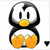Pixelated penguin with black and white body, yellow beak and feet, small black eyes, and a single dark gray tuft on its head.