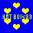 Blue background with yellow pixelated hearts and repeated "HOT BOY<99" text in yellow block letters.