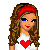 A 4x3 contact sheet of a pixel-art animated buddy icon featuring a cartoon woman with long brown hair, red headband, and heart-shaped chest symbol across multiple frames showing body parts and text elements.