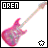 Pixelated pink electric guitar with gray neck and headstock, black 'OREN' text in top-left corner, two distinct pixel-art symbols at bottom-right.