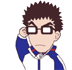 Pixelated character with spiky brown hair in blue-and-white jacket, holding glasses near head across five sequential poses showing eye-star effects and mouth expressions.