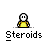 A 3x3 grid of pixel art frames showing a stick figure character progressively building muscle mass while wearing yellow clothing, with the word "Steroids" displayed beneath each frame.
